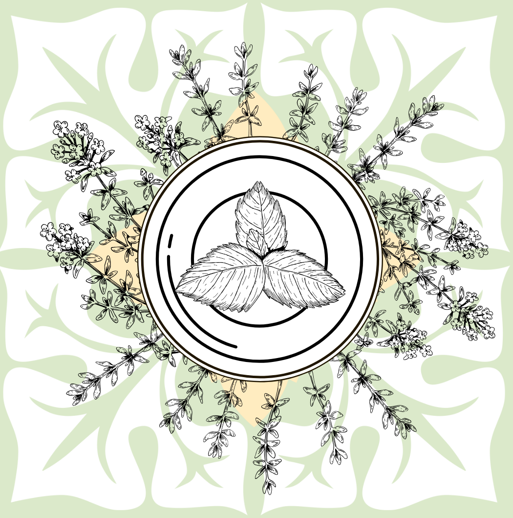 Illustration représentant une assiette centrale avec un trio de feuilles de menthe, entourées d&#39;un motif circulaire d&#39;herbes fleuries comme le thym et le basilic, le tout sur fond de feuilles vertes stylisées et d&#39;accents beige clair, mettant en valeur la Collection Fines herbes - 35,92$ par Tourne- Sol.