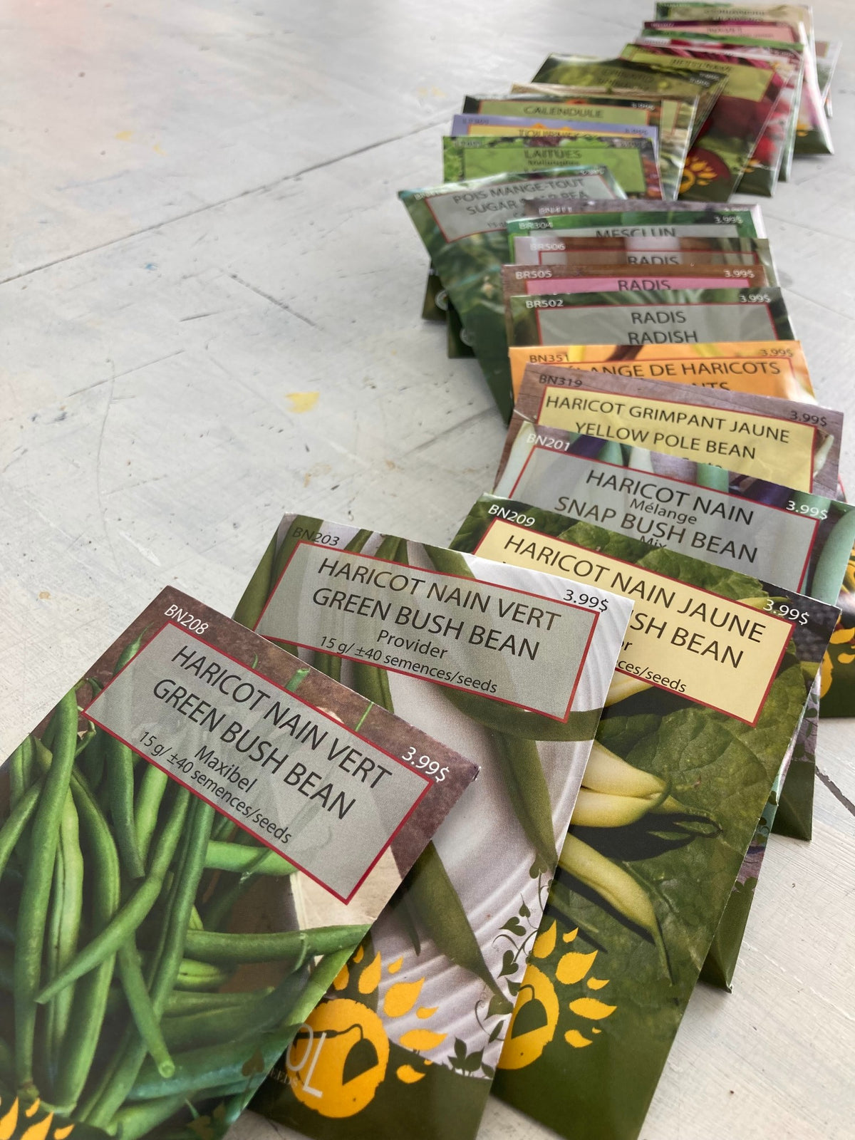 Une collection de sachets de graines Tourne-Sol de diverses variétés sur une table.